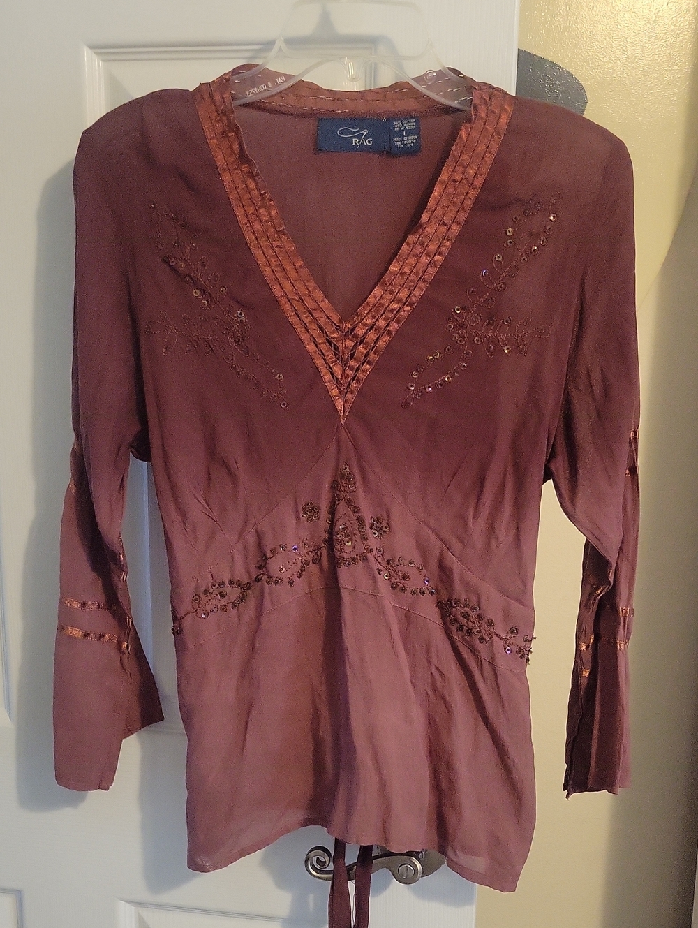 Rag SzLg Brown Embellished V-Neck Tunic with Satin Trim and tie back